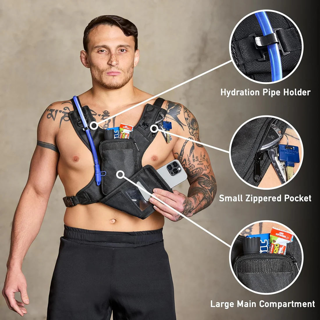 Running chest pack with holster and phone pocket