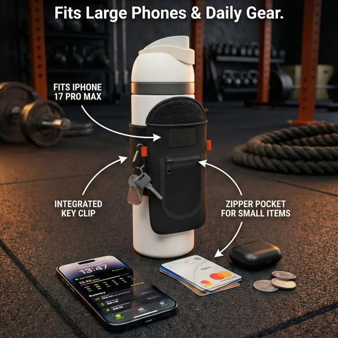 Magnetic Gym Water Bottle Holder Sleeve with Phone Pocket