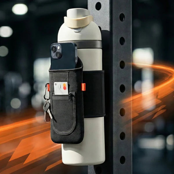 Magnetic Gym Water Bottle Holder Sleeve with Phone Pocket