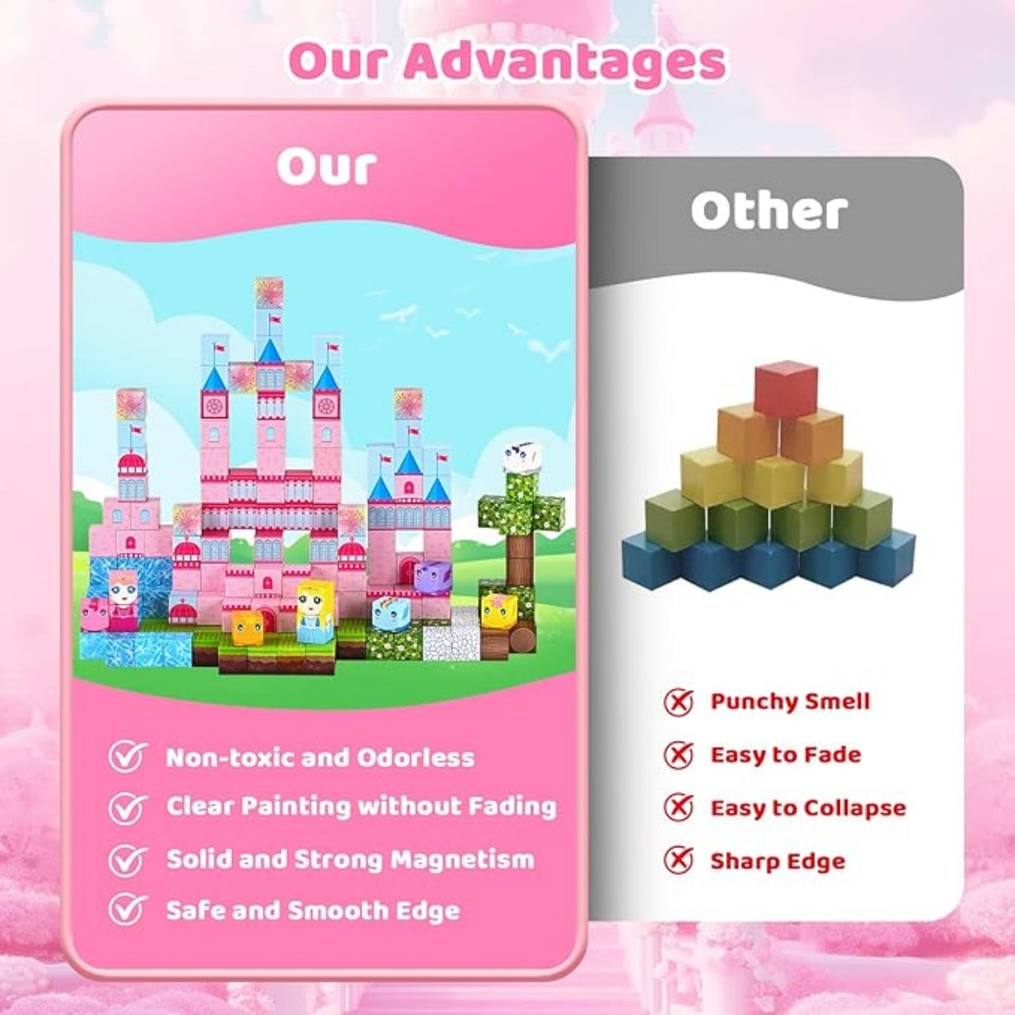 200PCS Magnetic Blocks, Pink Castle STEM Toy for Ages 3+