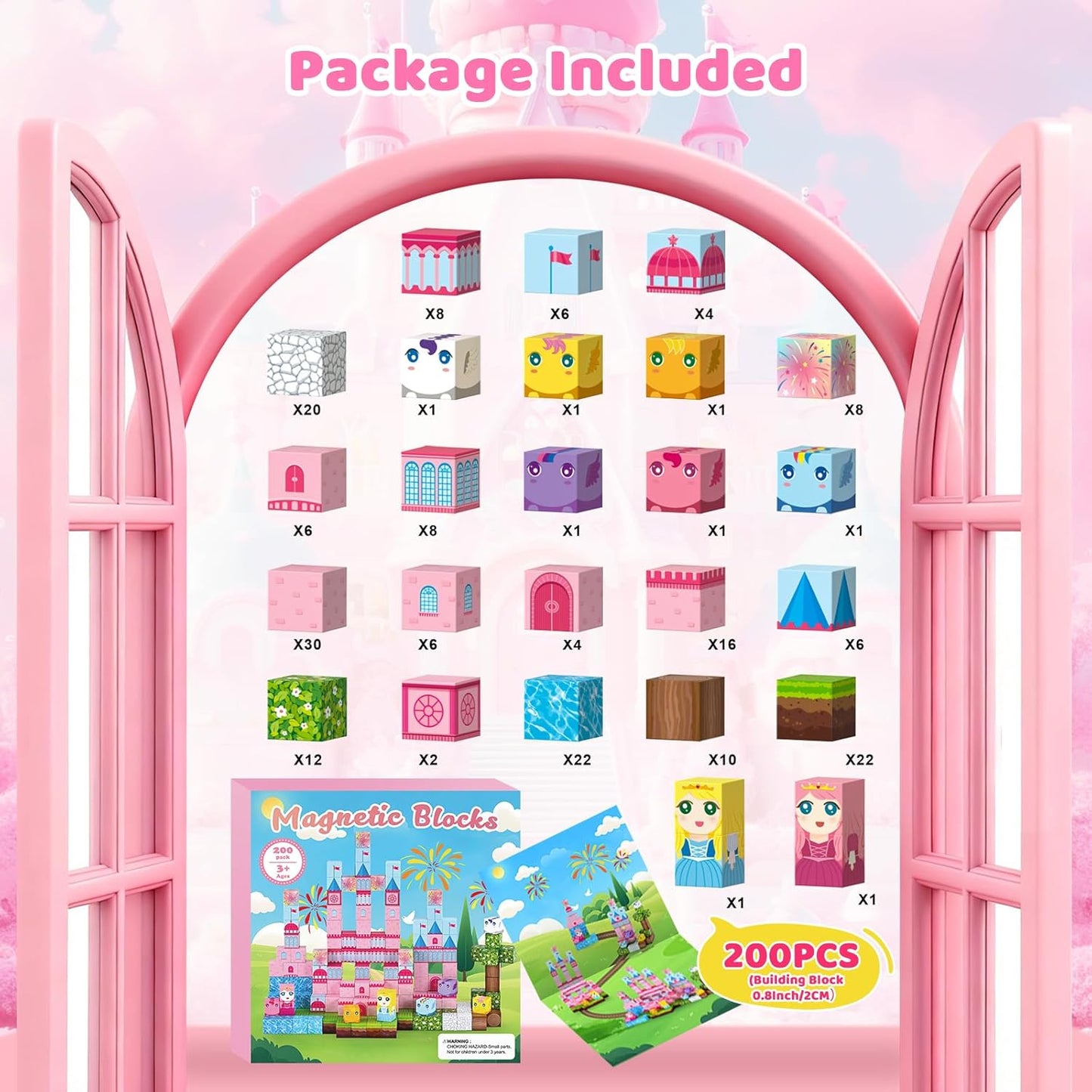 200PCS Magnetic Blocks, Pink Castle STEM Toy for Ages 3+