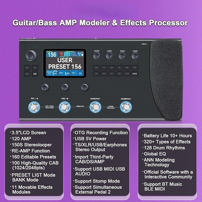 The Modeling Pedal That Actually Breathes. 120 Amps. 360+ Effects. 10‑Hour Battery.