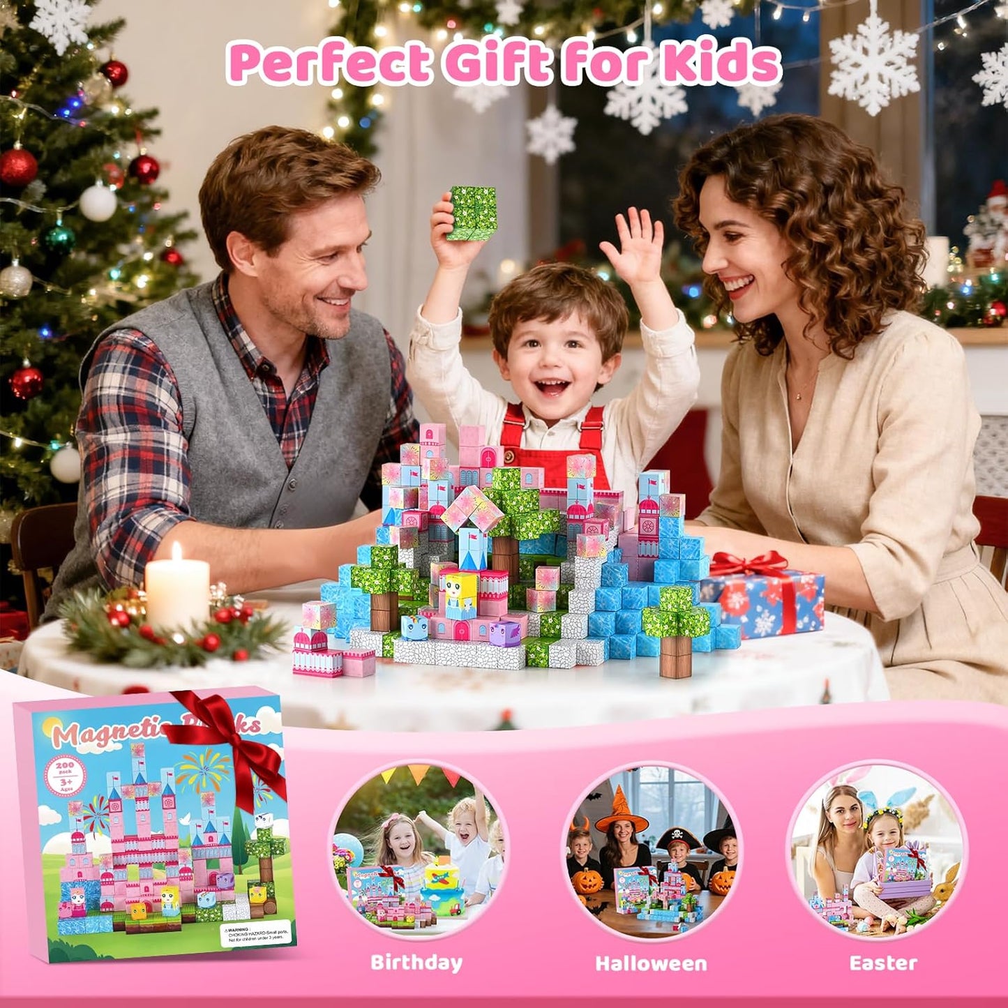 200PCS Magnetic Blocks, Pink Castle STEM Toy for Ages 3+