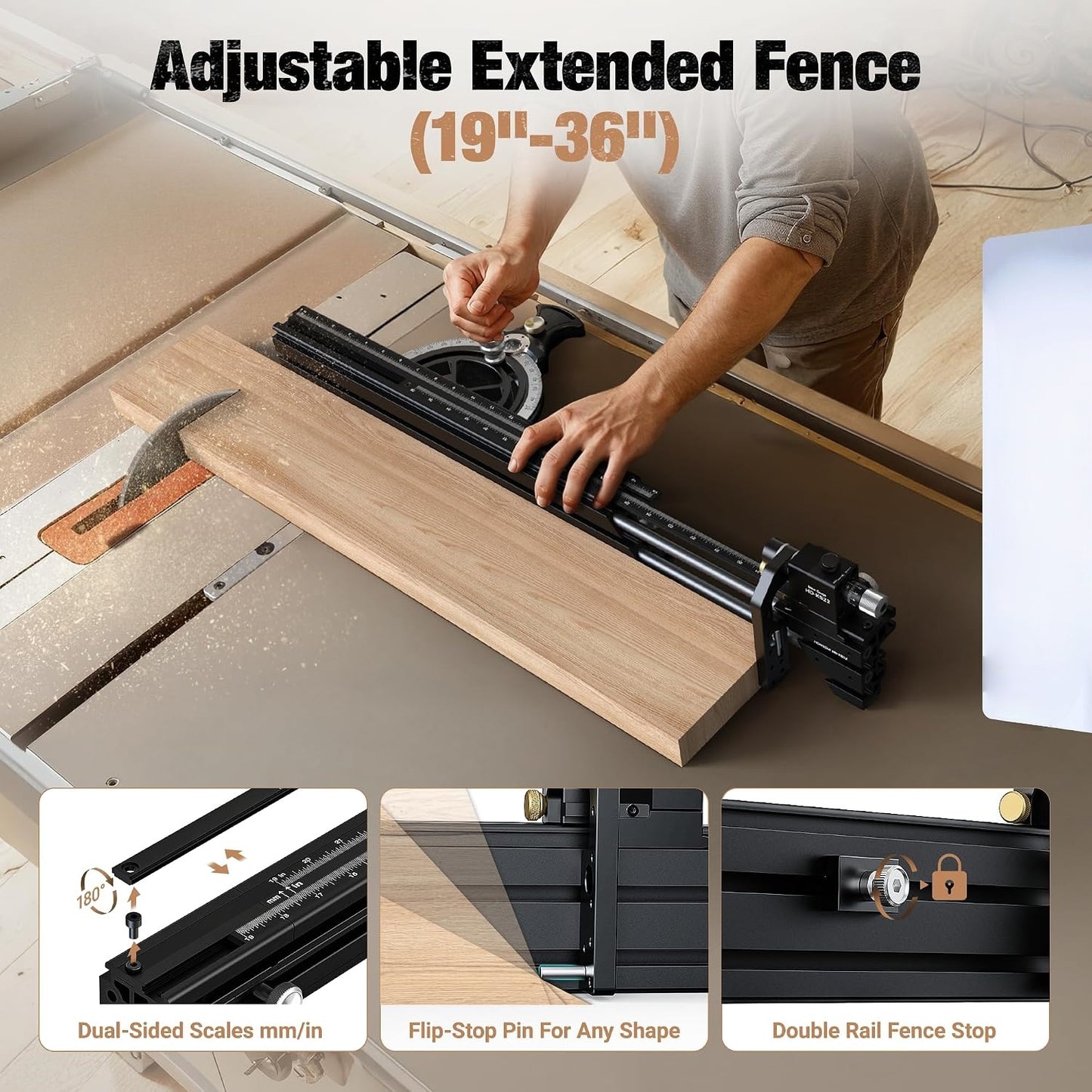 FULL-RANGE MITER GAUGE (-70° to 70°) – 36" Telescoping Fence, Micro-Adjust, Zero Play