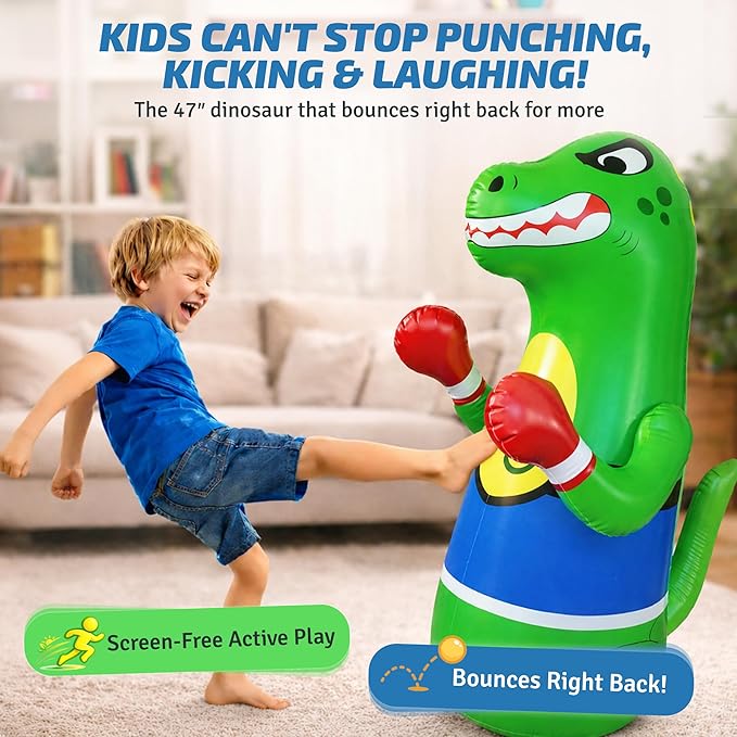47" Inflatable Dinosaur Boxing Bag Super Durable with Rebound Base for Indoor & Outdoor Active Play