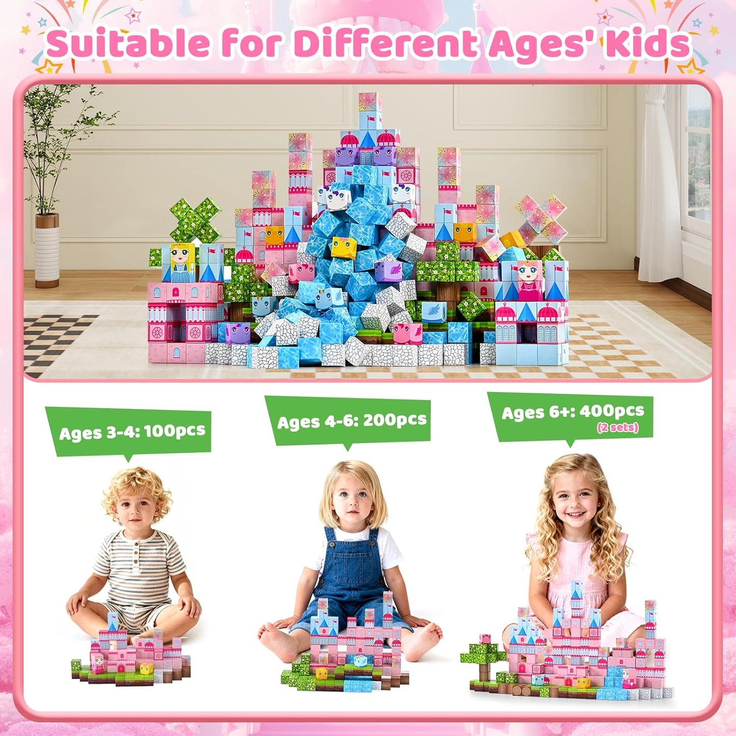 200PCS Magnetic Blocks, Pink Castle STEM Toy for Ages 3+