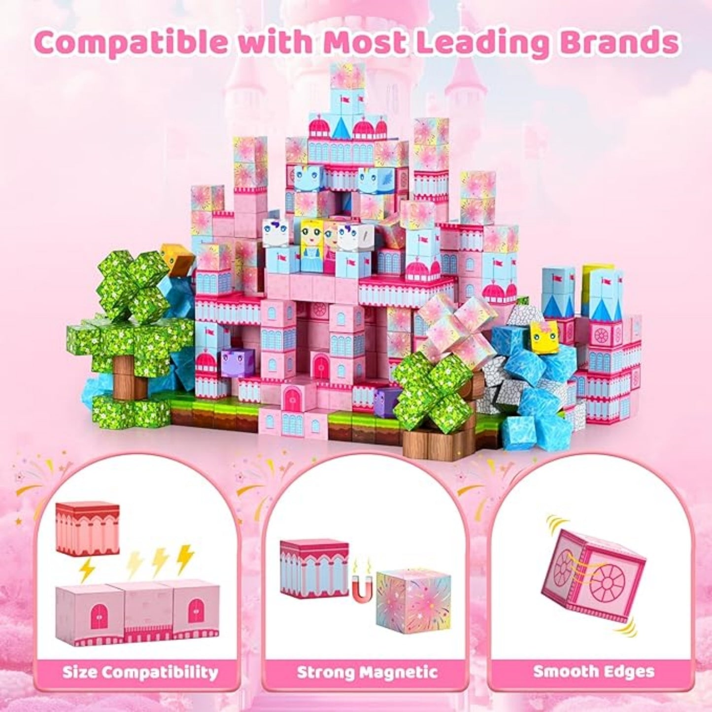 200PCS Magnetic Blocks, Pink Castle STEM Toy for Ages 3+