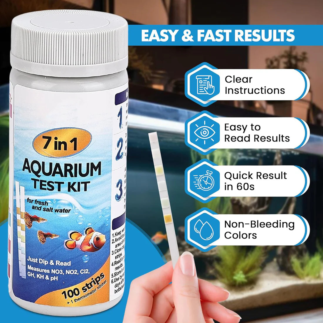 7-in-1 Aquarium Test Strips – 100 Strips | Water Test Kit & eBook