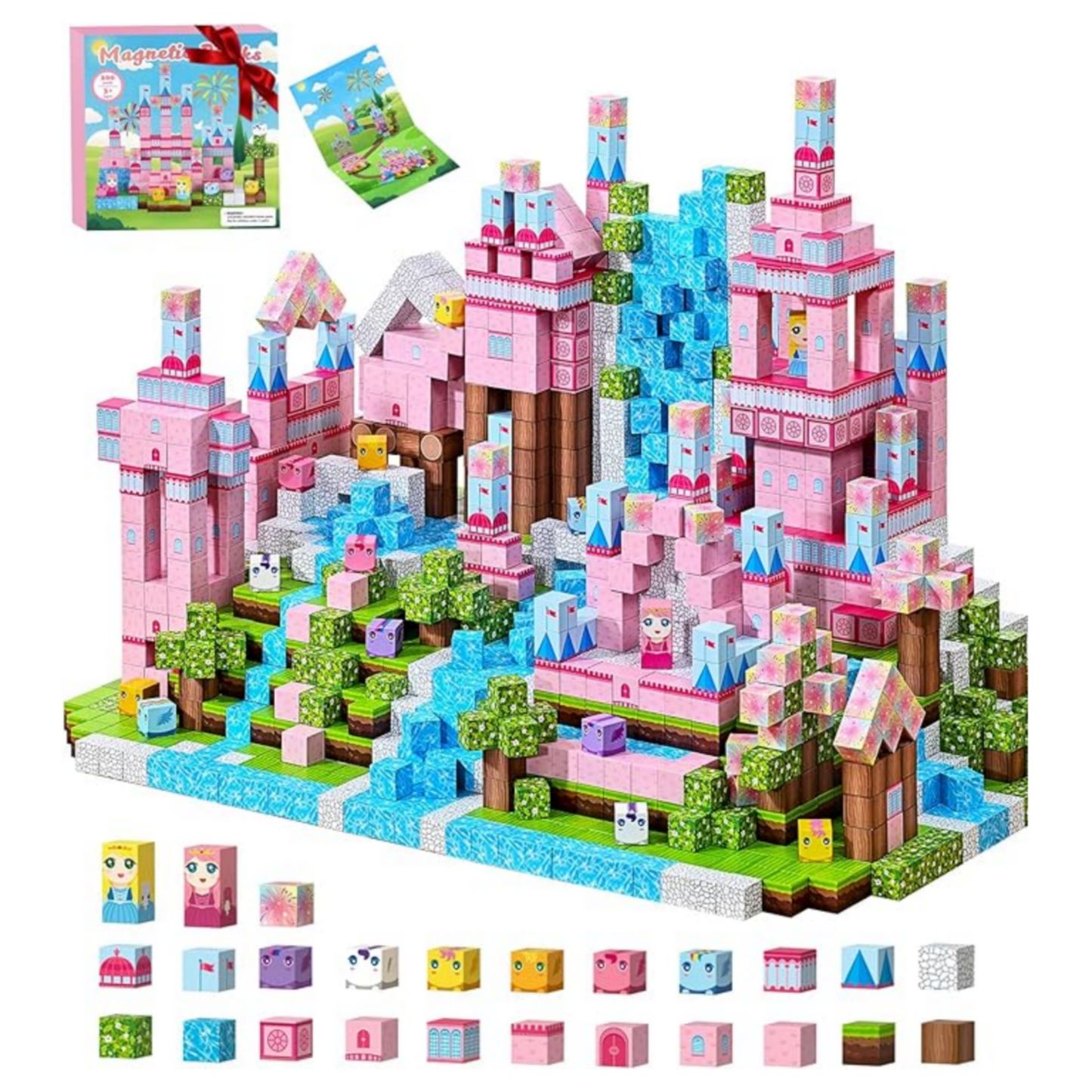 200PCS Magnetic Blocks, Pink Castle STEM Toy for Ages 3+