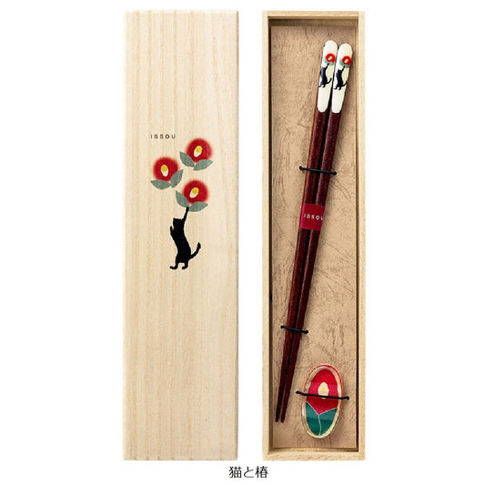 [Personalization available] Cat and Camellia (in a paulownia wood box)